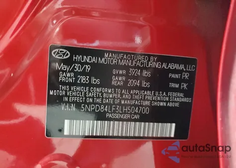 2020 Hyundai Elantra Sel z USA, uszkodzony, nr VIN 5NPD84LF3LH504700